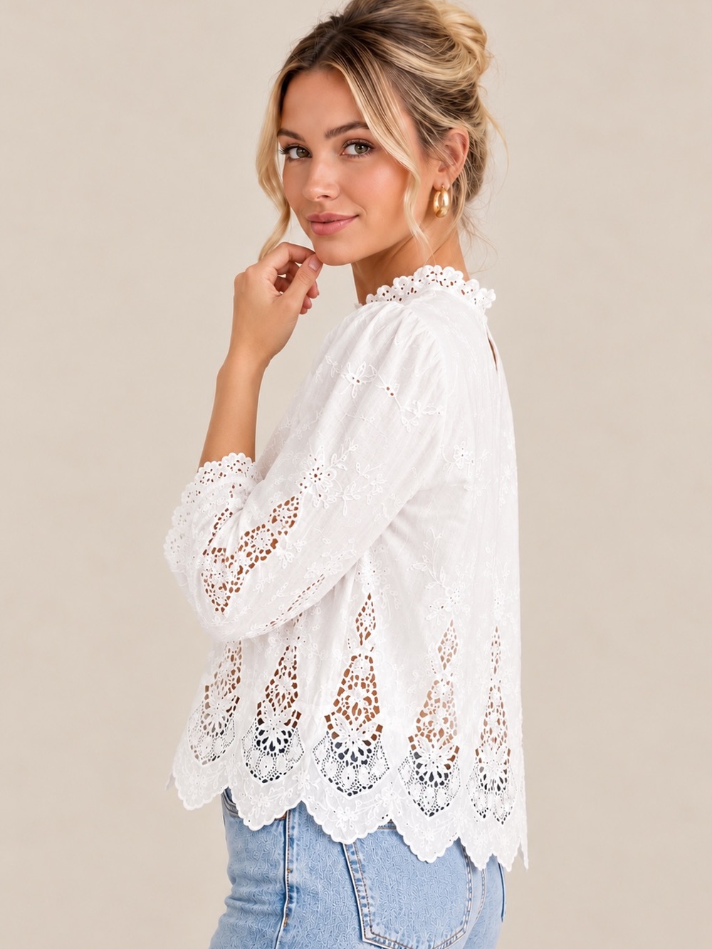 HUNTER BELL White Embroidered Boho Ruffle Collar 3/4 Puff Sleeve Flowy Blouse XS - Picture 2 of 9